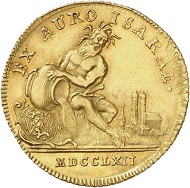 Lot 3118: GERMANY / BAVARIA. Maximilian III, 1745-1777. Ducat 1762, Munich, Isar river gold. Extremely rare year. Extremely fine. Estimate: 15,000 euros. Hammer price: 32,000 euros.