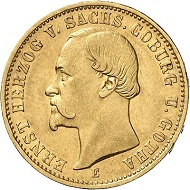 Lot 4073: GERMAN EMPIRE. Saxe-Coburg-Gotha. Ernest II, 1844-1893. 20 mark 1872. J. 270. Very rare. Good very fine. Estimate: 50,000 euros. Hammer price: 60,000 euros.