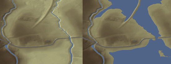 Whereas nowadays the finding place is located in the flat land (l.), the reconstructions show, that in ca. 750 AD the settlement was located in between rivers and lakes and was almost completely cut off from the surrounding area. The most important connection was probably by way of water. Source: University of Sheffield.