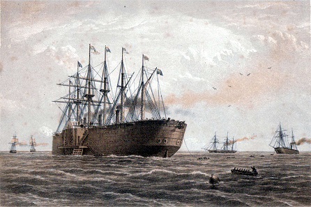 The Great Eastern under weigh, July 23: escort and other ships introduced being the Terrible, the Sphinx, the Hawk, and the Caroline. Image drawn by Robert Dudley and included in William Russell's book The Atlantic Telegraph, published in (1865). Provided here courtesy of Bill Burns, who operates the Web site History of the Atlantic Cable & Submarine Telegraphy (accessed 1 July 2005).