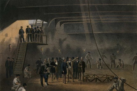 Coiling the cable in the after-tank on board the Great Eastern at Sheerness: visit of H.R.H. The Prince of Wales on May 24. Image drawn by Robert Dudley and included in William Russell's book The Atlantic Telegraph, published in (1865). Provided here courtesy of Bill Burns, who operates the Web site History of the Atlantic Cable & Submarine Telegraphy (accessed 1 July 2005).