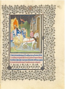 Heraclius returning the cross. From the 'Belles Heures', attributed to the Limbourg Brothers. The Cloisters Collection, New York Metropolitan Museum of Art.