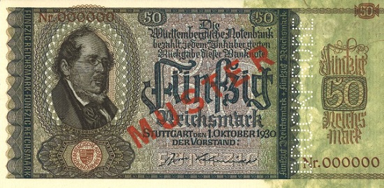 50 reichsmark dated October 1, 1930. Depiction of Daniel Friedrich List (1798-1846), economist and politician from Reutlingen. - These notes were never issued.
