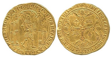 GAL007: Edward the Black Prince of Aquitaine (1362-1372), Gold Guyennois D'or, Bordeaux mint. Beresford-Jones 91/97; cf. Schneider III-32; Elias 141 RR. Very fine, very rare. £18,000.