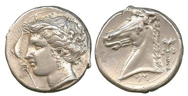 AG008: Siculo-Punic (c.320-315 B.C.), Silver Tetradrachm. Jenkins, SNR 56, 1977, 223-4 (O68/R192); Boston 495 (this obverse die). About extremely fine. £8,500.