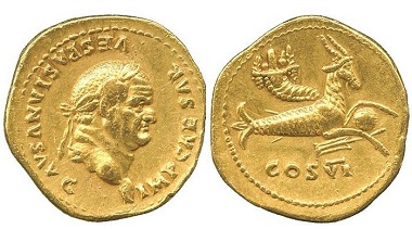 AR048: Vespasian (A.D. 69-79), Gold Aureus, struck 75 A.D. RIC 769 = Ashmolean collection = Hirsch 55, 11 December 1967, lot 2398; Calico-; BMC-. Nearly extremely fine, exceptionally rare. £40,000.
