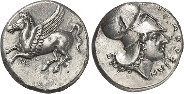 Timoleon's conquest explains the adaption of Corinthian coin types in Syracuse. - Syracuse. Didrachm, 344-317. From Gorny & Mosch Auction 237 (2016), 1170.