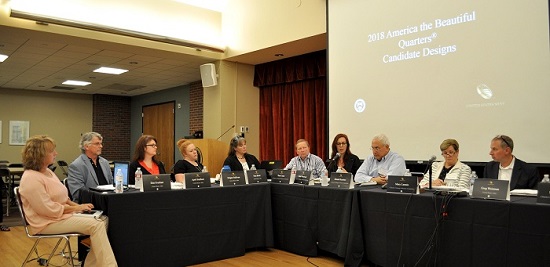 CCAC member Heidi Wastweet (fourth from right) analyzes a proposed coinage design. Pictured, left to right: transcriptionist; U.S. Mint Sculptor-Engraver Don Everhart; April Stafford, Megan Sullivan, and Pam Borer of the U.S. Mint; CCAC members Tom Uram, Heidi Wastweet, Donald Scarinci, and chair Mary Lannin; and Mint senior legal counsel Greg Weinman. Photo: Caleb Noel, News Editor of 'The Numismatist'.