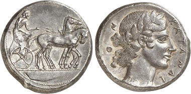 Catane. Tetradrachm, ca. 450-445. From Gorny & Mosch Auction 236 (2016), 35.