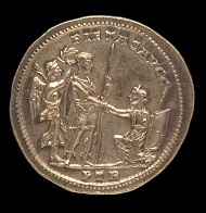 Part of the Beaurains Hoard. Medallion of 5 aurei of Constantius I. Reverse depicting Constantius raising Britannia from her knees. Photo: The Trustees of the British Museum.