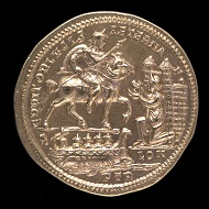 Facsimile of medallion of 10 aurei of Constantius I. Reverse showing grateful woman of London welcoming the emperor Constantius. Photo: The Trustees of the British Museum.