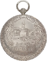 Obverse and reverse of the silver case in the form of a hunter's case pocket watch.