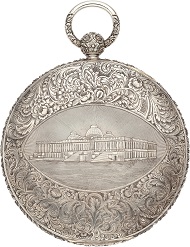 Obverse and reverse of the silver case in the form of a hunter's case pocket watch.