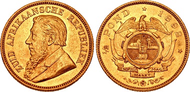 South African Republic. Half Pond, Berlin, 1982. Bust of Oom Paul with the signature O.S. Rv. Eagle above coat of arms. From the auction CNG 100 (2015), 970.