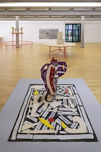 Betty Woodman's Aztec Vase and Carpet 1 2012 by Betty Woodman currently on display in Ancient Greece at Tate Liverpool as part of the ninth edition of Liverpool Biennial. © Tate Liverpool, Roger Sinek.