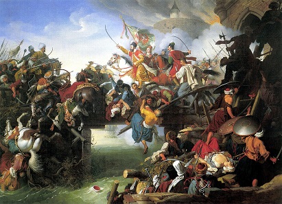 Zrínyi's famous charge out of Szigetvár Castle in a painting by Johann Peter Krafft (1825).