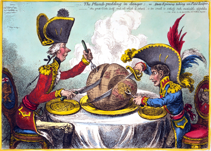 The world being carved up into spheres of influence between Pitt and Napoleon - Unfortunately Hanover was located in Europe and thus within the French emperor's sphere of influence. Caricature by James Gillray from 1805.