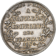 Medal 1804. This medal, minted from the yield of the mines in the Harz region, bears the inscription (in translation): To Napoleon, the emperor of the French, the miners of the Harz production sites, whom he protected during the war. From the London Coin Galleries auction in association with Künker on 1 November 2016, No. 1279. Estimate: GBP 200.
