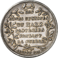 Medal 1804. This medal, minted from the yield of the mines in the Harz region, bears the inscription (in translation): To Napoleon, the emperor of the French, the miners of the Harz production sites, whom he protected during the war. From the London Coin Galleries auction in association with Künker on 1 November 2016, No. 1279. Estimate: GBP 200.