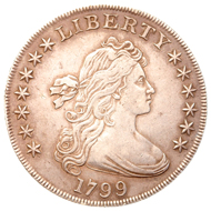 One of the display items: USA silver 'liberty' dollar minted in Philadelphia in 1799.