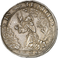 Lot 1720: VATICAN. Sixtus V, 1585-1590. Piastra AN IIII / 1588. Very rare. Extremely fine. Estimate: 5,000,- euros. Hammer price: 10,500,- euros.