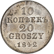 Lot 6256: RUSSIA. For POLAND. Nicholas I, 1825-1855. Pattern for 10 kopecks / 20 groszy 1842, Warsaw. Very rare. Proof. Estimate: 5,000,- euros. Hammer price: 20,000,- euros.