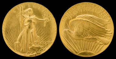 The 20 dollar coin, designed by Augustus Saint-Gaudens. Photo: National Numismatic Collection, National Museum of American History / Jaclyn Nash.