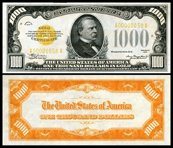 Grover Cleveland's support of the gold standard - and therefore the end of Carson City Mint - brought him a place of honor on an early US gold certificate in the value of $1,000 issued in 1934. Source: National Numismatic Collection at the Smithsonian Institution / Wikipedia.