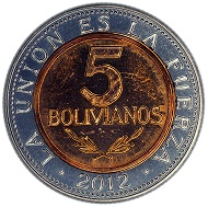 This is how the current 5 bolivianos coins look like, issued in 2012. In 2017 and 2018 Mint of Finland will produce 88 million pieces of this denomination for the Central Bank of Bolivia.