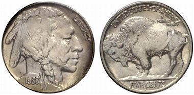 The Buffalo Nickel; this particular one was minted during the last minting year, 1938, in Denver. From the auction Gorny & Mosch 209 (2012), 4513.