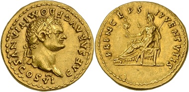 Lot 223: Roman Imperial Coins. Vespasianus on behalf of Domitianus. Aureus 79, Rome. Extremely fine. Estimate: 3.500 EUR. Hammer price: 14,000 EUR.