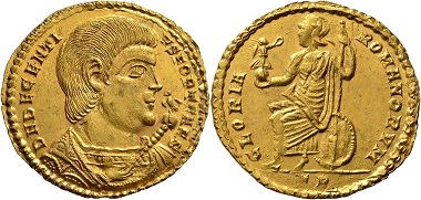 Lot 793: Roman Imperial Coins. Magnentius on behalf of Decentius. 2 Solidi Goldmedallion 352/353. Trier. Extremely fine. Estimate: 100,000 EUR. Hammer price: 240,000 EUR.