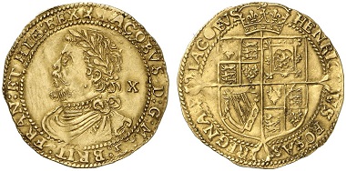 Jacob I, 1603-1625. 1/2 Laurel (= 10 Shillings) undated (1619-1620). From Künker 230 (2013), 6650.
