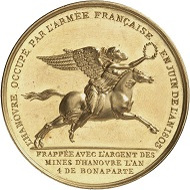 Lot 1277: Hanover. Gold medal 1830, by R.V. Jeuffroy, on the breach of the Treaty of Amiens and the occupation of Hanover by Consul Napoleon. Extremely rare. In gold probably unique. Extremely fine to FDC. Estimate: 5,000 GBP. Hammer price: 30,000 GBP.