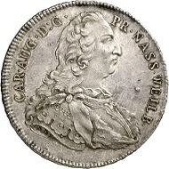 Lot 1426: Nassau-Weilburg. Karl August, 1719-1753. Reichstaler 1752, Weilburg. Yield from the Mehlbach Mines. Very rare. Extremely fine / FDC. Estimate: 2,500 GBP. Hammer price: 8,000 GBP.