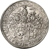 Lot 1583: Trier. Lothar von Metternich, 1599-1623. Reichstaler 1617, Coblenz. Yield from the Vilmar Mines. Extremely rare. Almost extremely fine. Estimate: 12,500 GBP. Hammer price: 17,000 GBP.