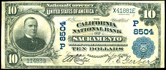 $10 National Bank note, California National Bank of Sacramento.