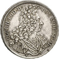 Lot 1591. Württemberg. Eberhard Ludwig, 1693-1733. Reichstaler 1728, Stuttgart. Yield from the Dreikönigstern Mine. Very rare. Very fine. Estimate: 300 GBP. Hammer price: 6,000 GBP.