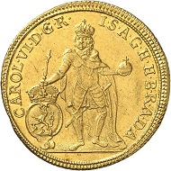 Lot 1608. HRE. Charles VI, 1711-1740. 2 ducats 1725, Prague. Yield from the mines at Eule (Jélové). Extremely rare. Extremely fine. Estimate: 10,000 GBP. Hammer price: 26,000 GBP.