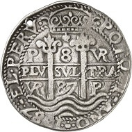 Lot 1747: Bolivia. Carlos III, 1665-1700. 8 reales 1687, Potosi. Yield from the mines at Potosi. Very rare. Holed, very fine. Estimate: 500 GBP. Hammer price: 8,000 GBP.