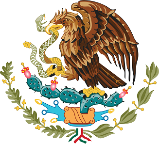 Coat of arms of Mexico. Eagle sitting on a cactus, growing on a rock emerging from a lake; the eagle is holding a squirming snake in its claws.