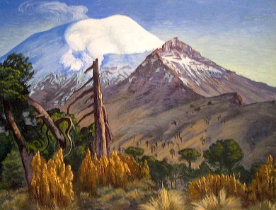 The volcano Popocatépetl with its elevation of 5,452 metres is in close vicinity to Mexico-City as you can see in the painting 'Vista del Popocatépetl' by Gerardo Murillo (Dr. Atl), 1934. Photo: Luisalvaz / CC-BY-SA 4.0.
