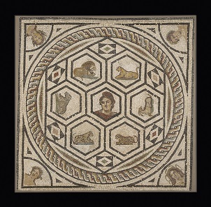 Orpheus and the Animals (central panel).Gallo-Roman, from Saint-Romain-en-Gal, France, A.D. 150-200. Stone and glass, 73 1/4 x 74 7/16 in. The J. Paul Getty Museum, Villa Collection, Malibu, California. 62.AH.2.13.