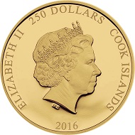 Cook Islands. 250 Dollars 2016. 1 oz. 65 mm. Gold. 9999. Proof-like. Design: Coin Invest Trust. Mint: B. H. Mayer's Kunstprägeanstalt, Munich Mintage: 999 Pcs.