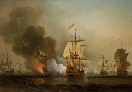 The explosion of the San José. Oil painting by Samuel Scott (1702-1772).