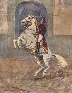 Classical dressage with Lippizaner horses. Oil painting by Ludwig Koch.