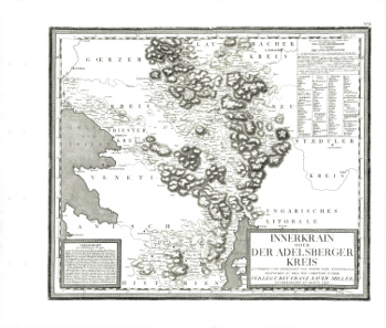 Historic map of the Carniola, as Slovenia was called when it was still part of the Habsburg monarchy. From Josef Karl Kindermann, Christoph Junker (Stecher), Gerhard Michael Dienes - Atlas von Inneroesterreich.