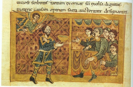 Wenceslas dining with guests, facing his brother and murderer Boleslav. Wolfenbüttel, Herzog August Bibliothek, Guelf. 11.2 Augusteus 4, fol. 20v.