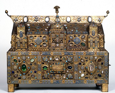 Chasse of Ambazac. From the Treasury of Grandmont. Limoges, ca. 1180-90. Gilded copper, champlevé enamel, rock crystal, semiprecious stones, faience, and glass. H. 23 1/8 in. (58.6 cm), W. 31 1/8 in. (79 cm), D. 101/4 in. (26.2 cm). Mairie d'Ambazac. Image: © Region Aquitaine-Limousin-Poitou-Charentes, Service de l'Inventaire et du Patrimoine Culturel (photograph by Philippe Rivière, 1993).
