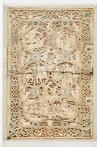 121. Upper cover of The Psalter of Melisende, Queen of Jerusalem. Jerusalem, Scriptorium of the Holy Sepulchre, ca. 1135. Ivory with semiprecious stones and silk-embroidered spine. 81/2 °- 51/2 in. (21.6 °- 14 cm). British Library, London. Image: © The British Library Board.